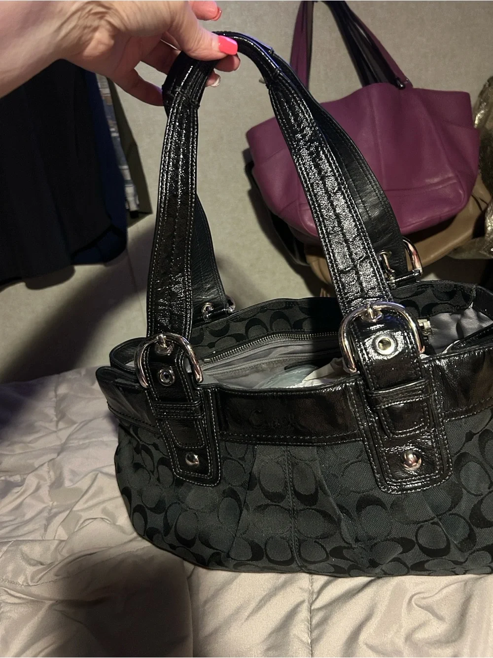 Coach Black Signature Jacquard Tote with Patent Trim